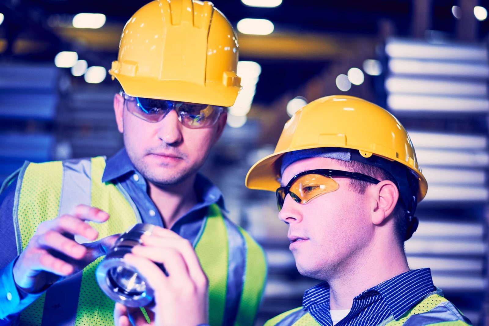 Construction workers in hard hats looking at parts together