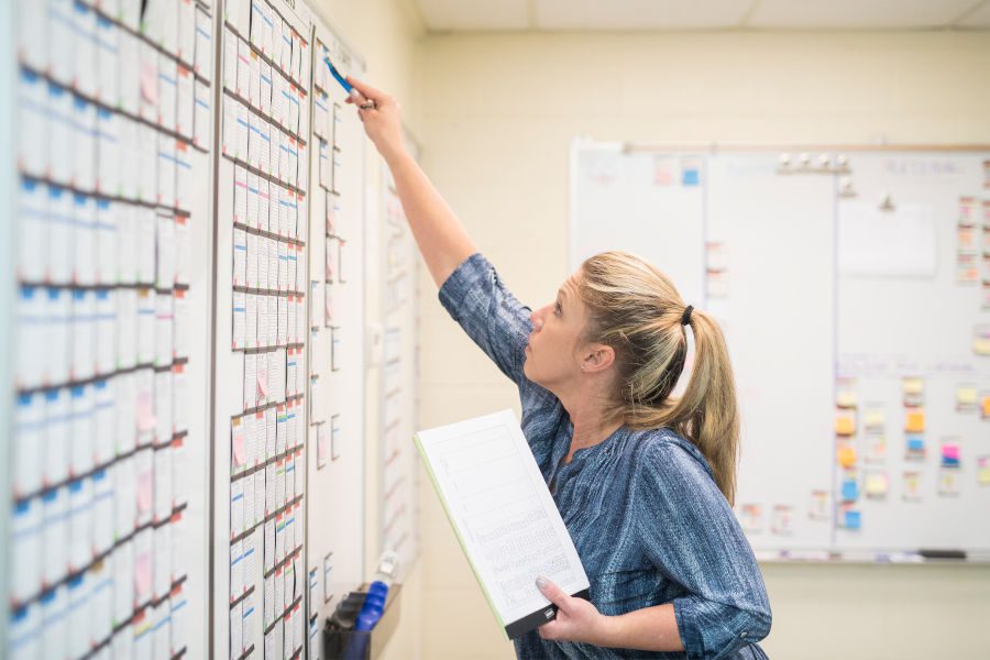 Female office worker organizing flow chart