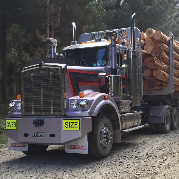 Large truck transporting a load of wood