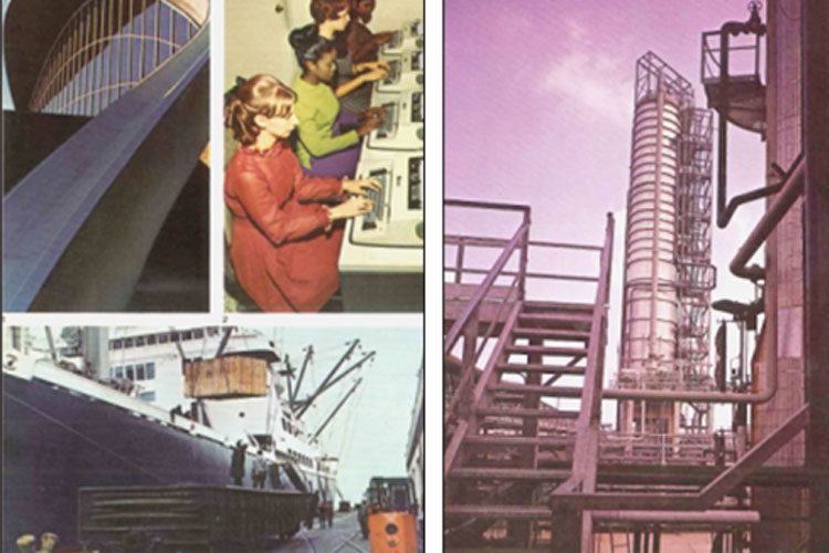 1980s photo collage of trans union corporation - phone operator, industrial towers