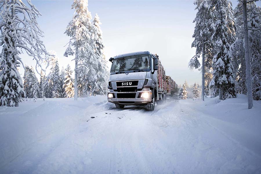 Sisu Axle vehicle in winter scene. 
